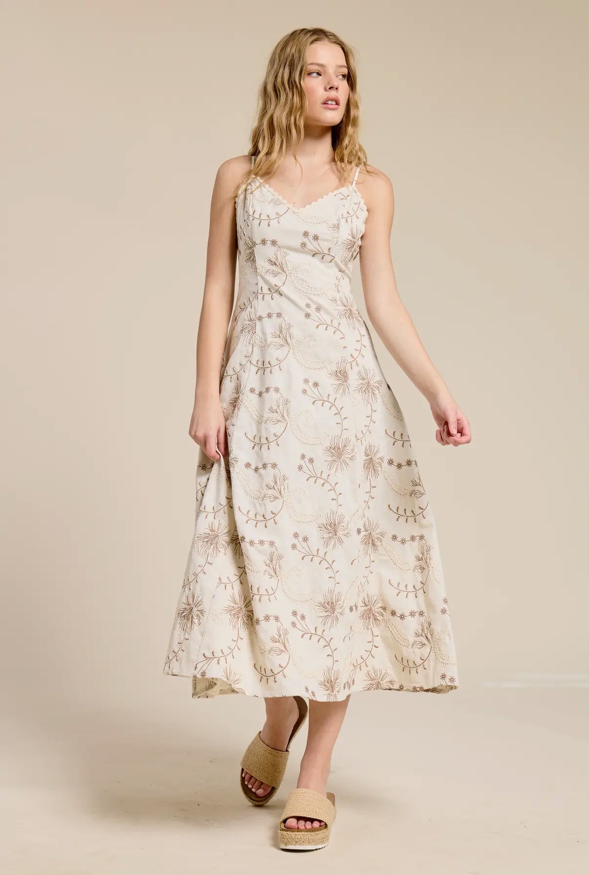 Flat White Embroidered Summer Midi Dress in Linen