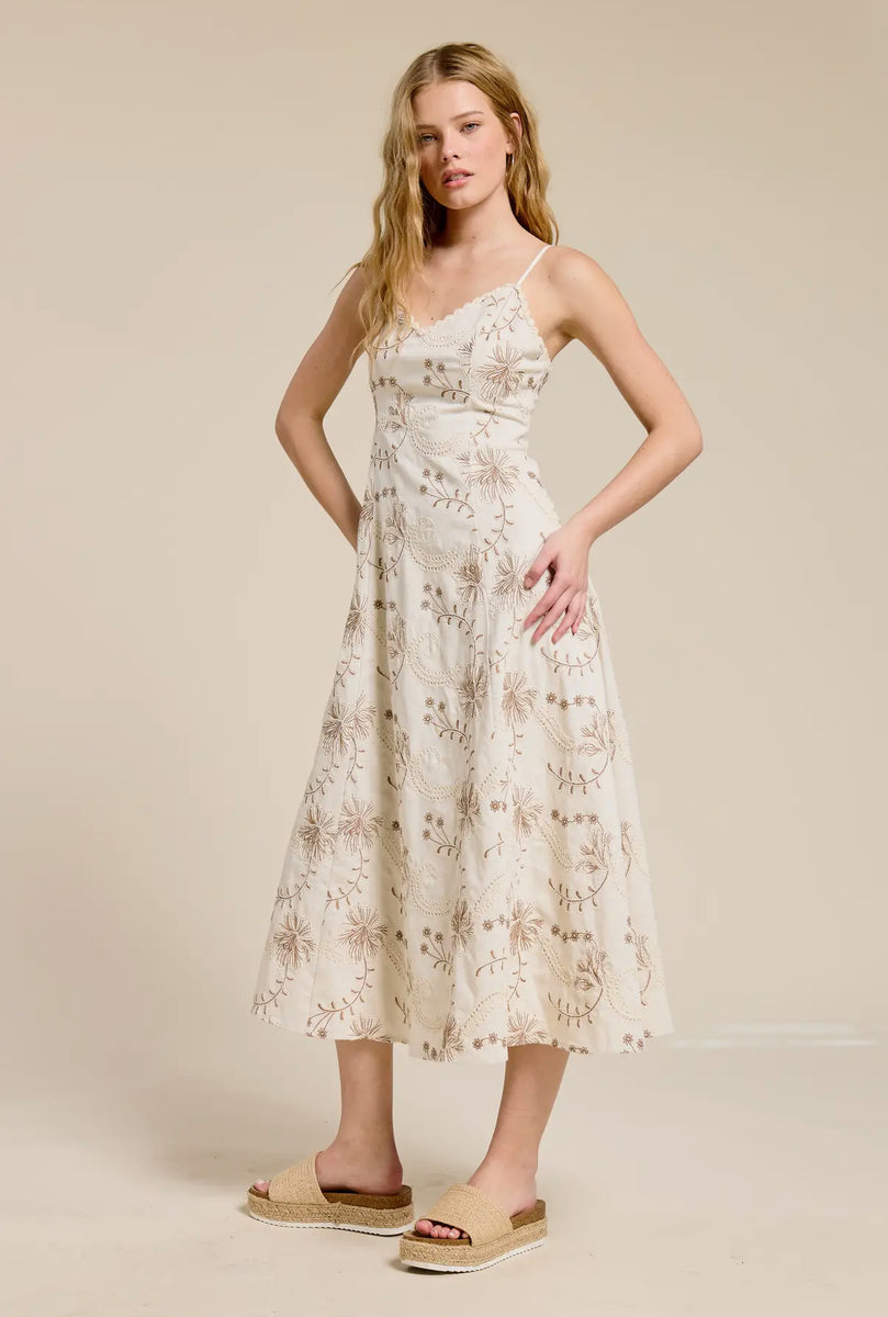 white embroidered midi dress Flat White Embroidered Summer Midi Dress in Linen