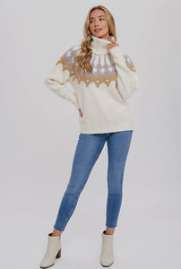 Bluivy Cream & Taupe Print Turtleneck Sweater