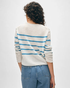 White + Warren Cashmere White/Blue Stripe Roll Trim Crew