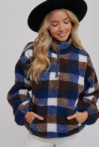 Plaid Print 1/2 Zip Sherpa Pullover