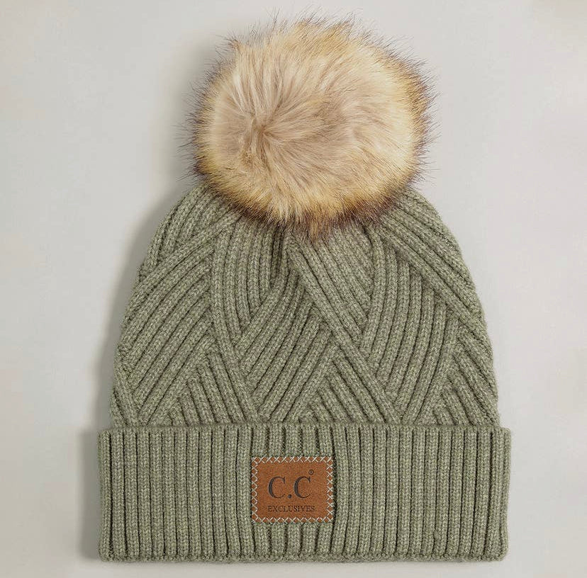 Sage Heather Winter Pom Pom Beanie