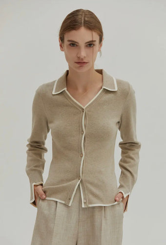 Crescent Knit Button Up Oatmeal Sweater Top