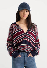 Good American The Oversized Rugby Sweater in Multi Stripe Navy/Burgundy