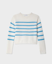 White + Warren Cashmere White/Blue Stripe Roll Trim Crew