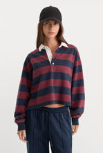 Good American The Cropped Rugby Polo in Navy Berry Noir Block Stripe