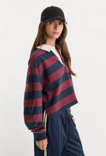 Good American The Cropped Rugby Polo in Navy Berry Noir Block Stripe