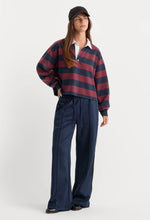 Good American The Cropped Rugby Polo in Navy Berry Noir Block Stripe