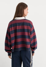 Good American The Cropped Rugby Polo in Navy Berry Noir Block Stripe