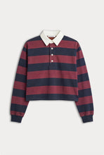 Good American The Cropped Rugby Polo in Navy Berry Noir Block Stripe