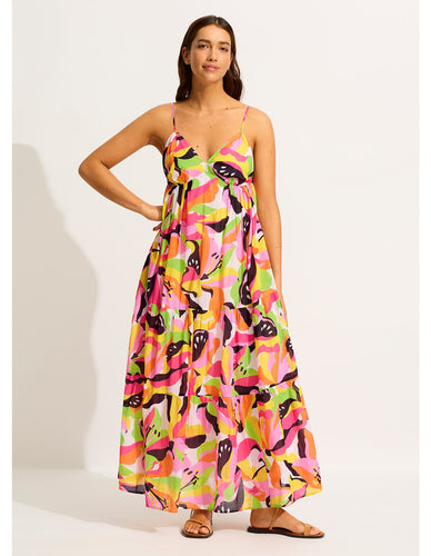 Seafolly Tiered Hot Pink Print Midi Dress