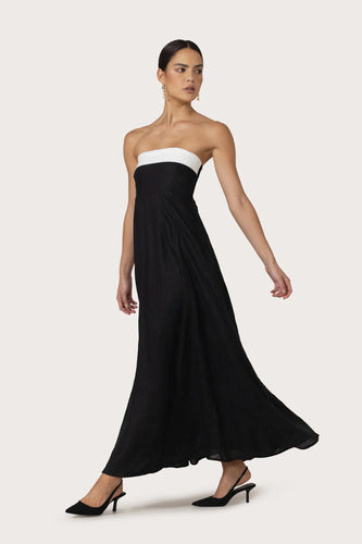 Lusana Black & White Linen Maxi Dress