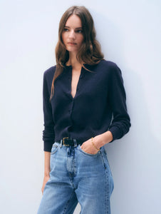 White & Warren Deep Navy Cashmere Crewneck Cardigan
