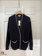 White & Warren Navy/Ivory Organic Cotton Blanket Trim Cardigan