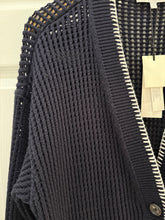 White & Warren Navy/Ivory Organic Cotton Blanket Trim Cardigan