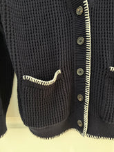 White & Warren Navy/Ivory Organic Cotton Blanket Trim Cardigan