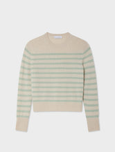 White & Warren Natural Heather/Mint Cashmere Striped Crewneck