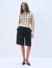 White & Warren Cashmere Windowpane Crewneck in Natural Heather
