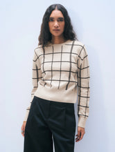 White & Warren Cashmere Windowpane Crewneck in Natural Heather