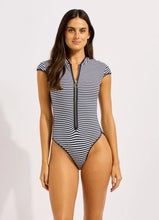 Seafolly Clubhouse Cap Sleeve Zip Front One Piece in Navy Stripe