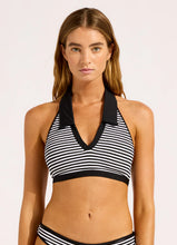 Seafolly Clubhouse Halter Top w/ Collar Hipster Pant Bikini in Navy Stripe