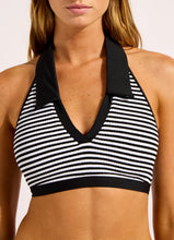 Seafolly Clubhouse Halter Top w/ Collar Hipster Pant Bikini in Navy Stripe