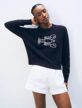 White & Warren Cashmere Embroidered Lobster Crewneck in Deep Navy/Soft White