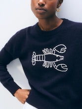 White & Warren Cashmere Embroidered Lobster Crewneck in Deep Navy/Soft White