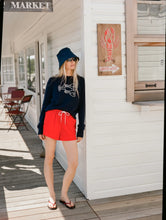 White & Warren Cashmere Embroidered Lobster Crewneck in Deep Navy/Soft White