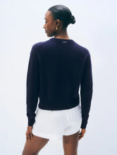 White & Warren Cashmere Embroidered Lobster Crewneck in Deep Navy/Soft White