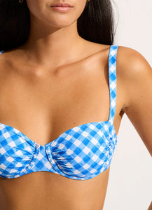 Seafolly Ruched Blue Check Underwire Bra & High Leg Bikini