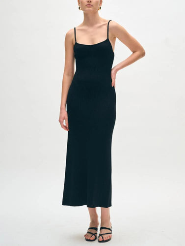 White + Warren Black Superfine Organic Cotton Ribbed Dress