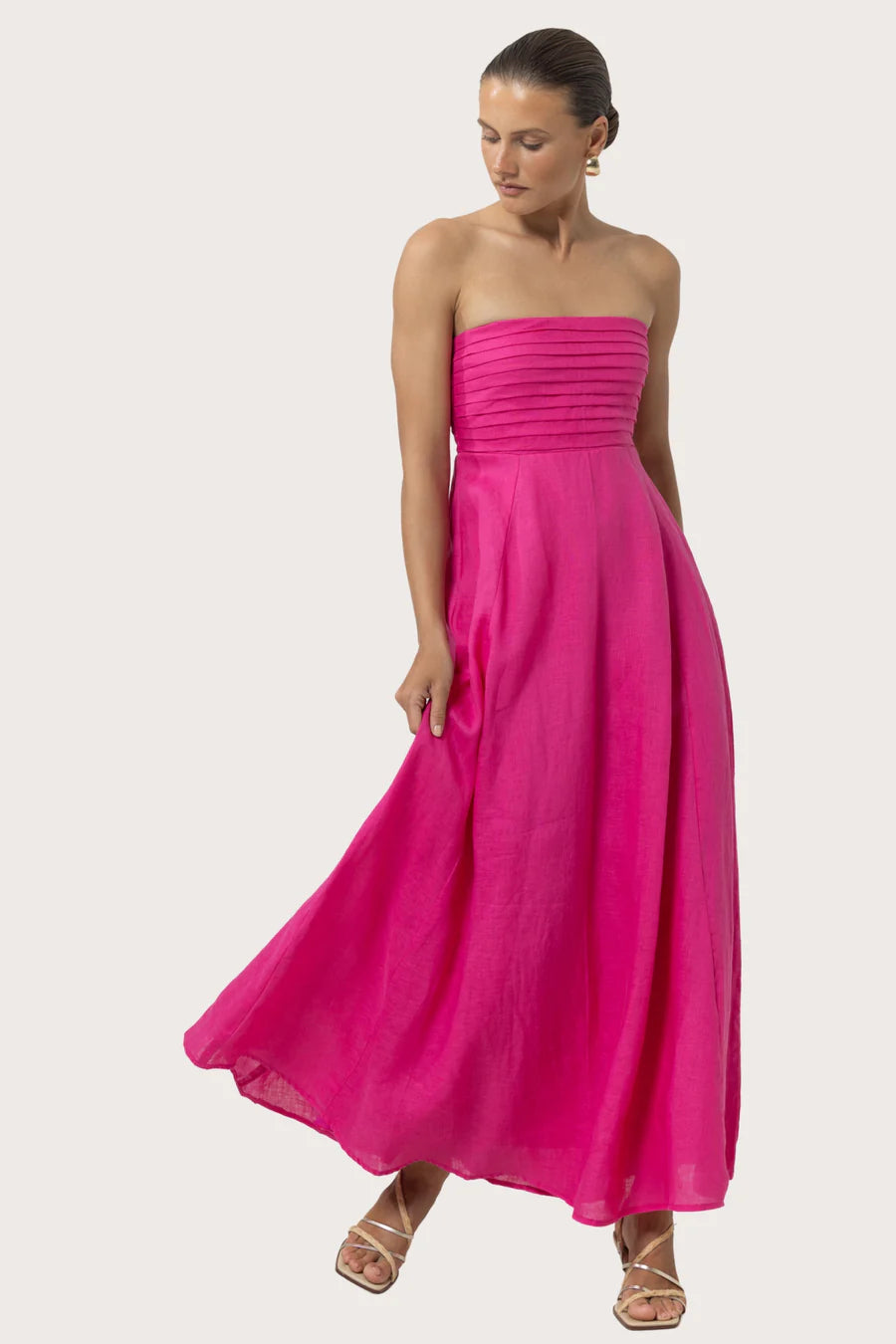 Lusana Talia Ultra Hot Pink Linen Pintuck Maxi Dress