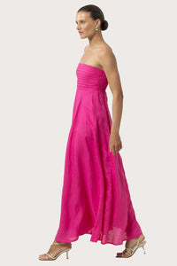 Lusana Talia Ultra Hot Pink Linen Pintuck Maxi Dress