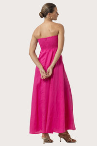 Lusana Talia Ultra Hot Pink Linen Pintuck Maxi Dress