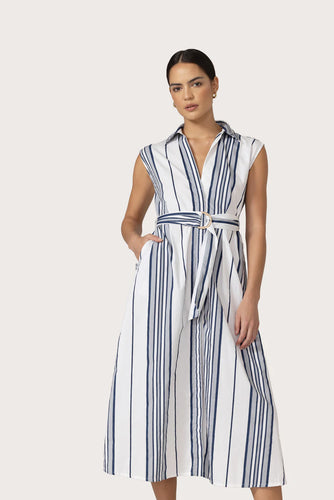 Lusana Chloe Shadow Stripe Belted Poplin Dress