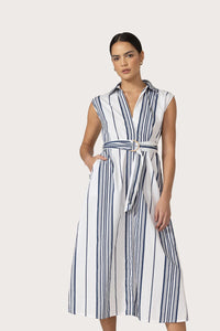 Lusana Chloe Shadow Stripe Belted Poplin Dress